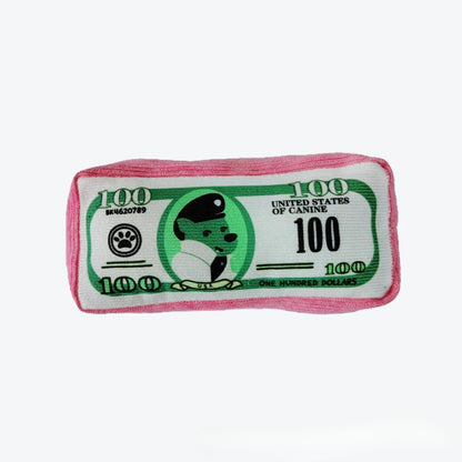 Petkin plush money stack dog toy with visible squeaker inside for pet play