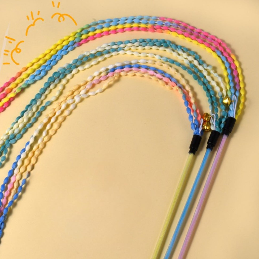Moo braided cord cat teaser wand with colorful braided handle and attached string