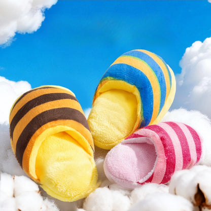 Close-up of Petkin striped slipper plush dog toy showing soft fabric texture