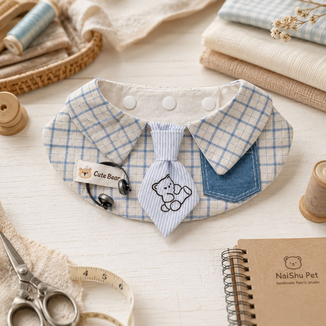 Mokka - Light Blue Bear Check Bib Pet Neckwear