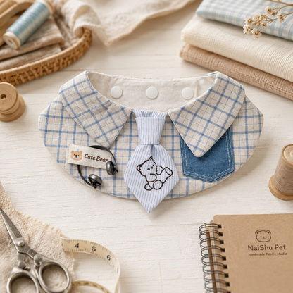 Mokka - Light Blue Bear Check Bib Pet Neckwear