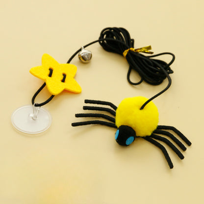 Moo Hanging Spider Bungee Cat Toy suspended, highlighting spider figure and flexible bungee
