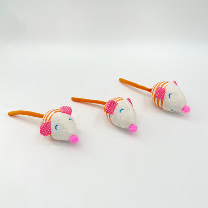 Striped mouse cat toy laying flat with visible tail and ears on a white surface