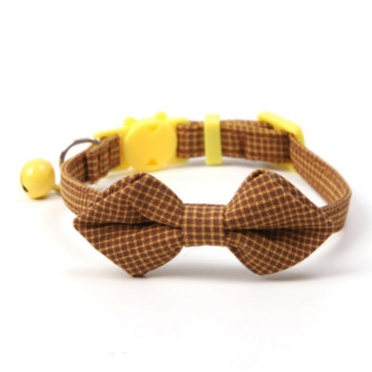 Mokka gingham bow tie cat collar displayed flat with bell visible