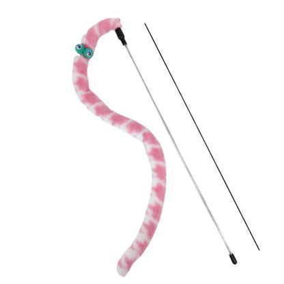 Side view of the Moo Plush Worm Cat Teaser Wand with red worm plush