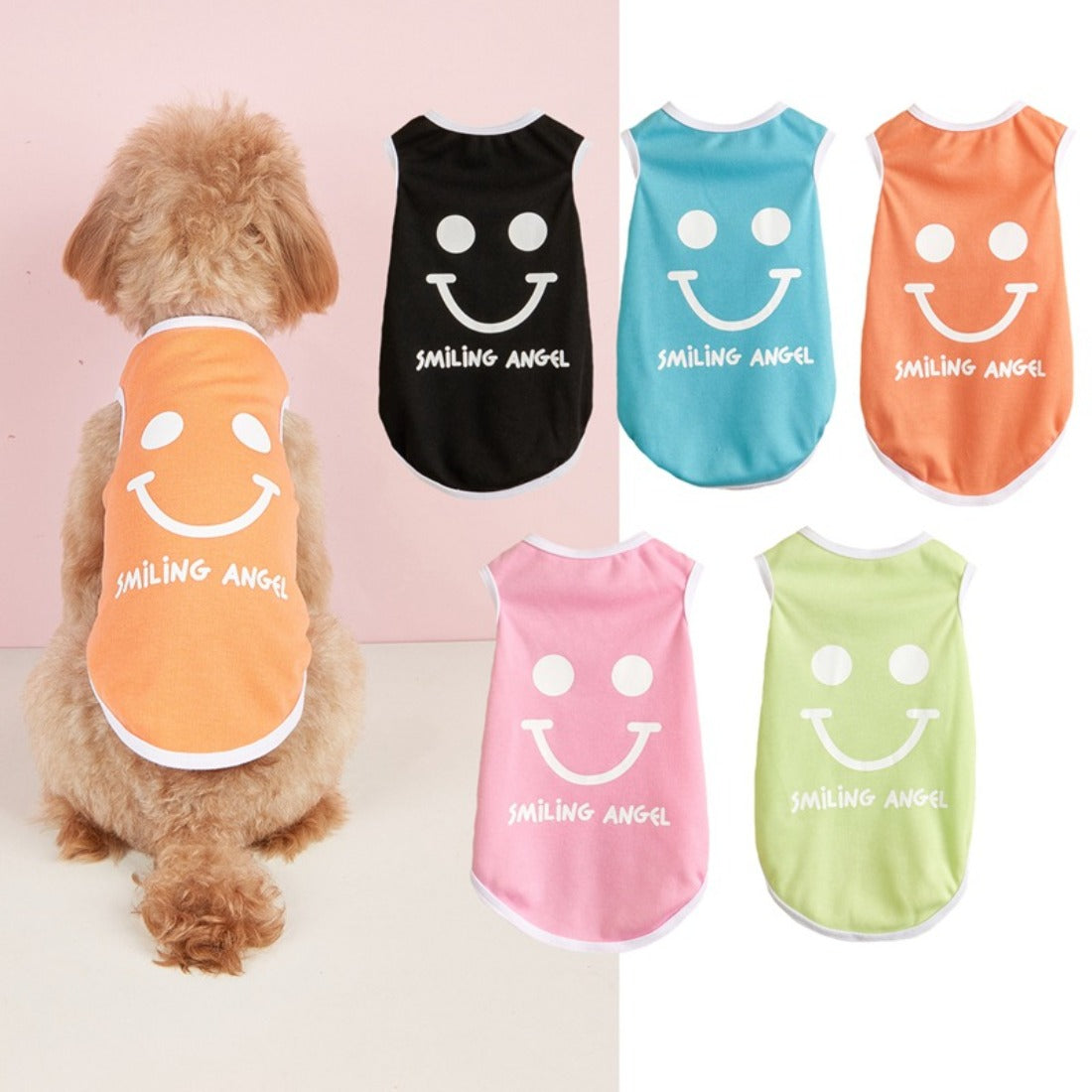Small dog wearing Ozzie smiley print tank top in yellow