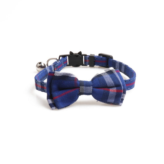 Mokka tartan bow tie cat collar with bell displayed on white background