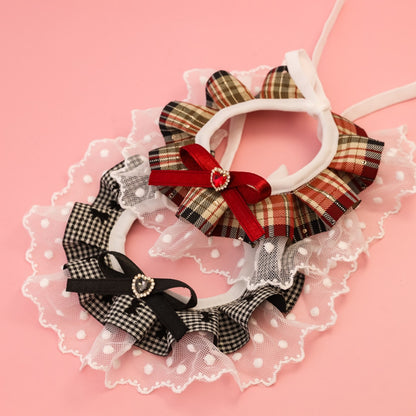 Mokka - Plaid Lace Ruffle Heart Accent Cat Collar