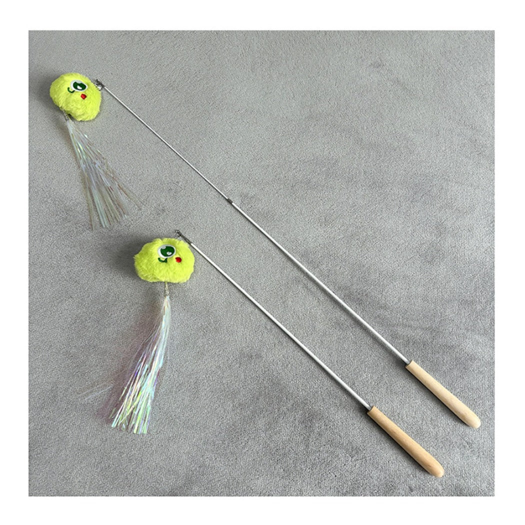 Moo telescopic wand with pom figure cat toy extended on white background