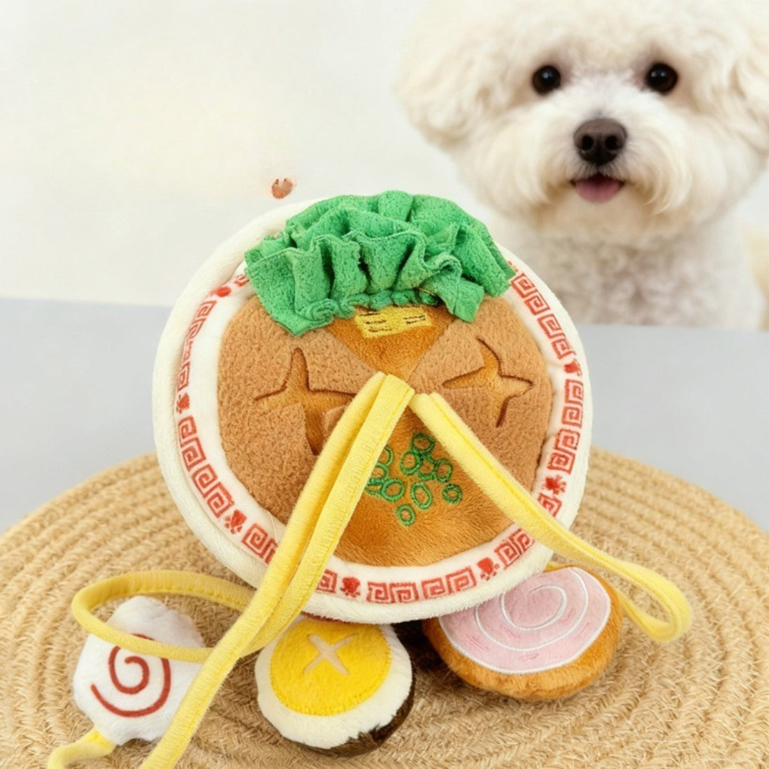 Snuffy Ramen Snuffle Puzzle Dog Toy with colorful noodle-like fabric strips