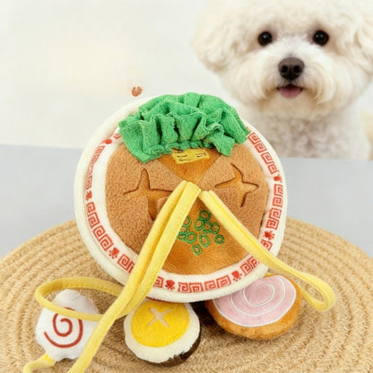 Snuffy Ramen Snuffle Puzzle Dog Toy with colorful noodle-like fabric strips