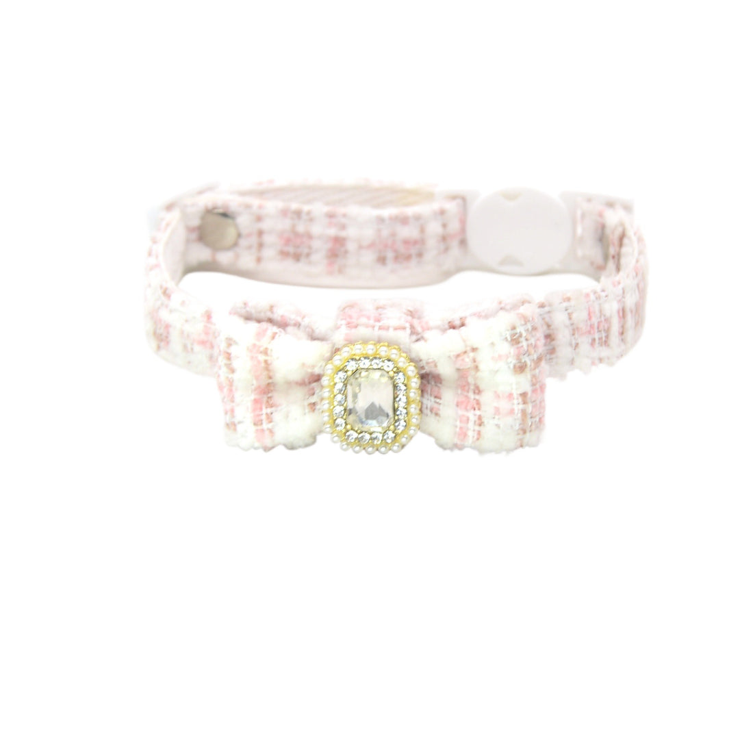 Mokka Tweed Gem Bow Cat Collar displayed flat with adjustable buckle and bow