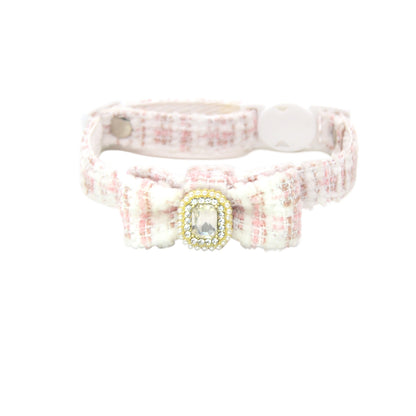 Mokka Tweed Gem Bow Cat Collar displayed flat with adjustable buckle and bow