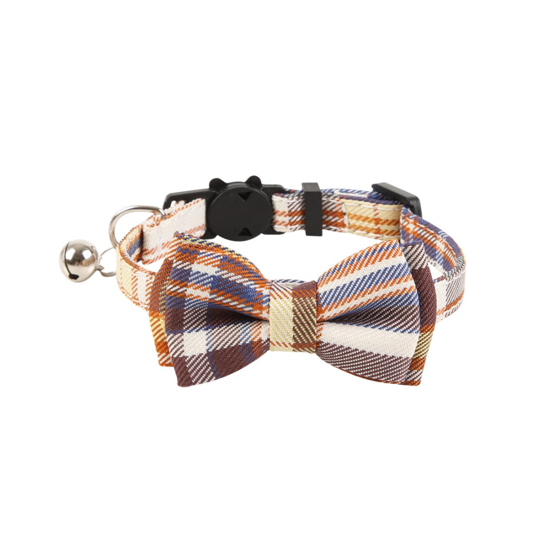 Mokka plaid bow cat collar with bell shown from above on plain surface