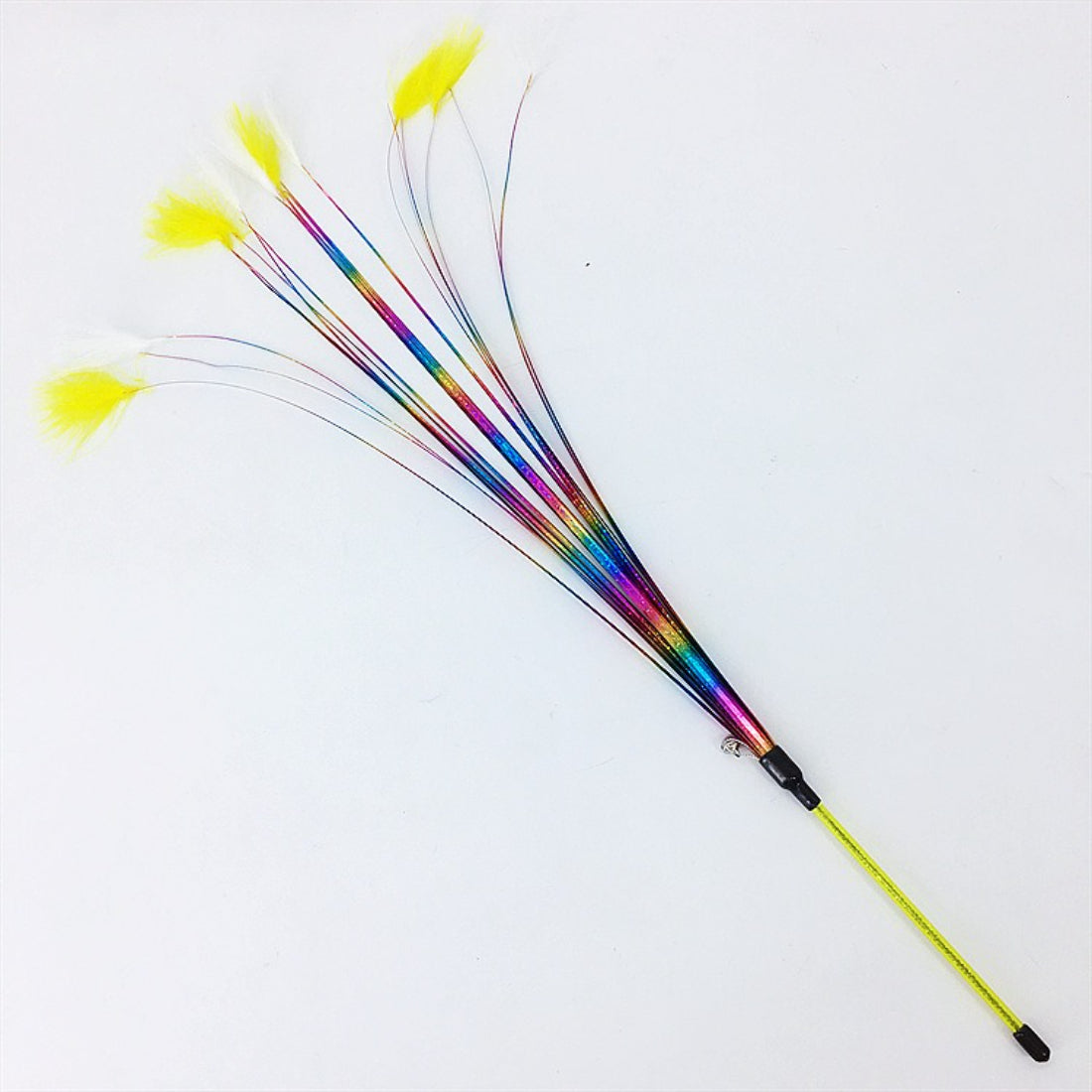 Moo Ribbon Feather Cat Teaser Wand featuring multi-colored feathers and ribbons on a wand
