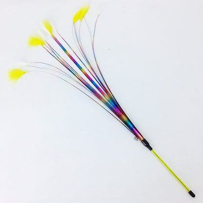 Moo Ribbon Feather Cat Teaser Wand featuring multi-colored feathers and ribbons on a wand