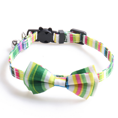 Mokka cat collar with rainbow stripe bow tie laid out to show full length