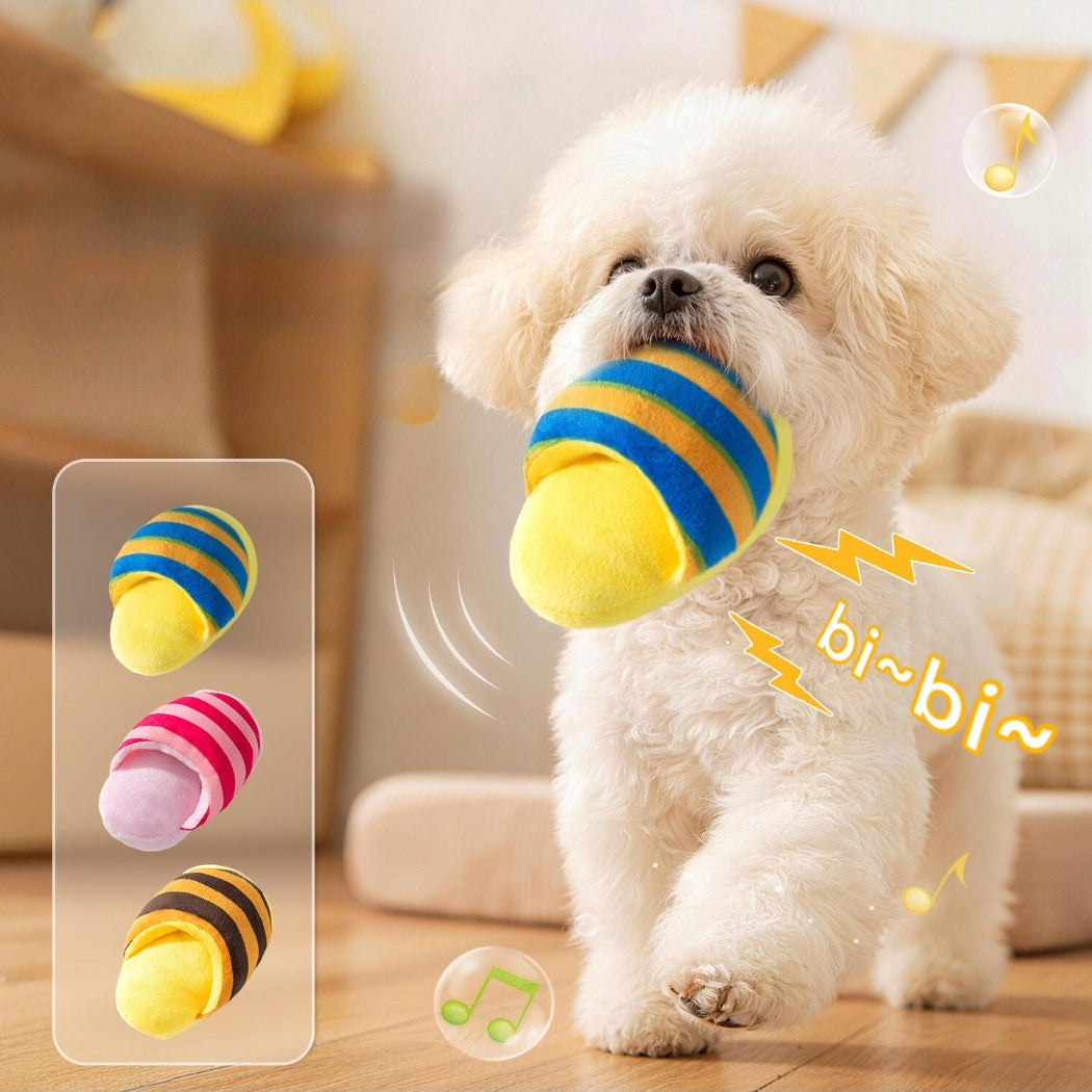 Petkin striped slipper plush dog toy with multicolor stripes on white background