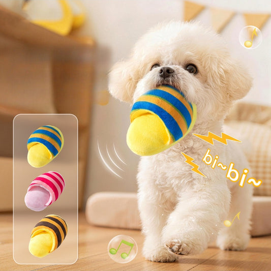 Petkin striped slipper plush dog toy with multicolor stripes on white background
