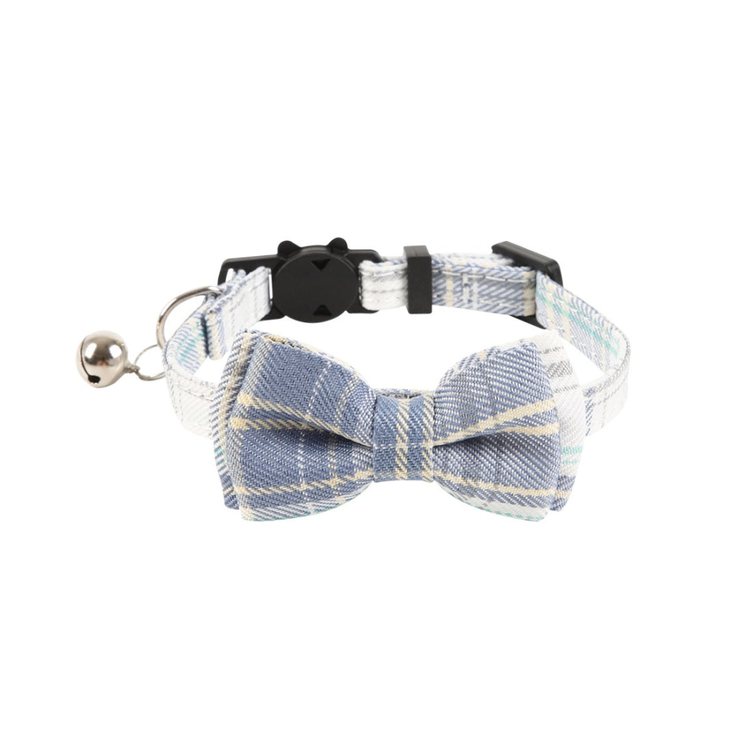 Close-up of Mokka plaid bow cat collar with bell showing fabric pattern and bell detail