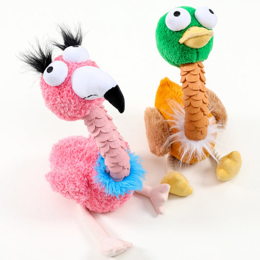 Petkin Goofy Bird Plush Toy featuring a pink flamingo and yellow duck side by side