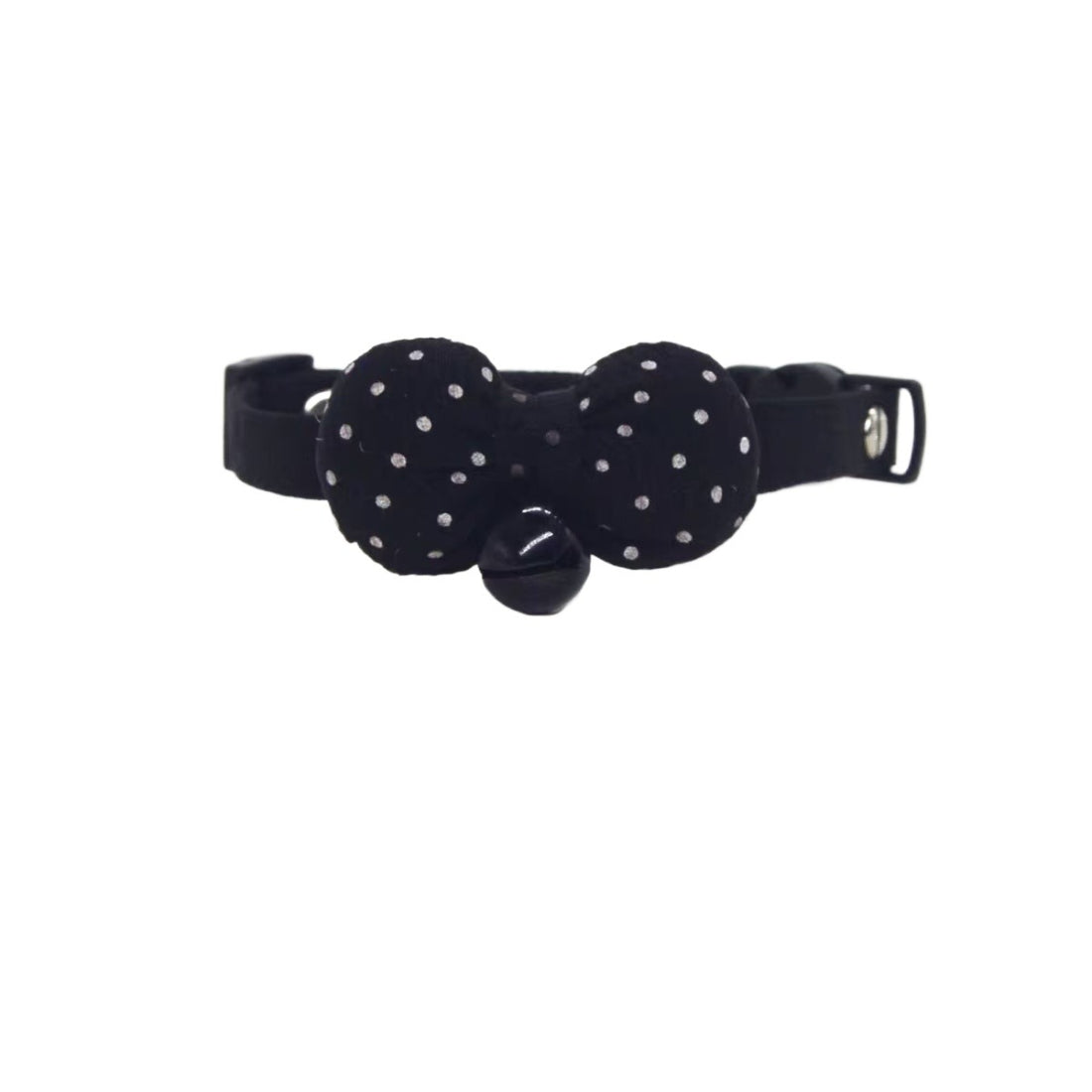 Side view of Mokka breakaway cat collar featuring white polka dot bow on brown strap