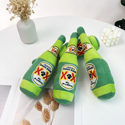 Close-up of Petkin soft squeaky dog beer toy showing embroidered label