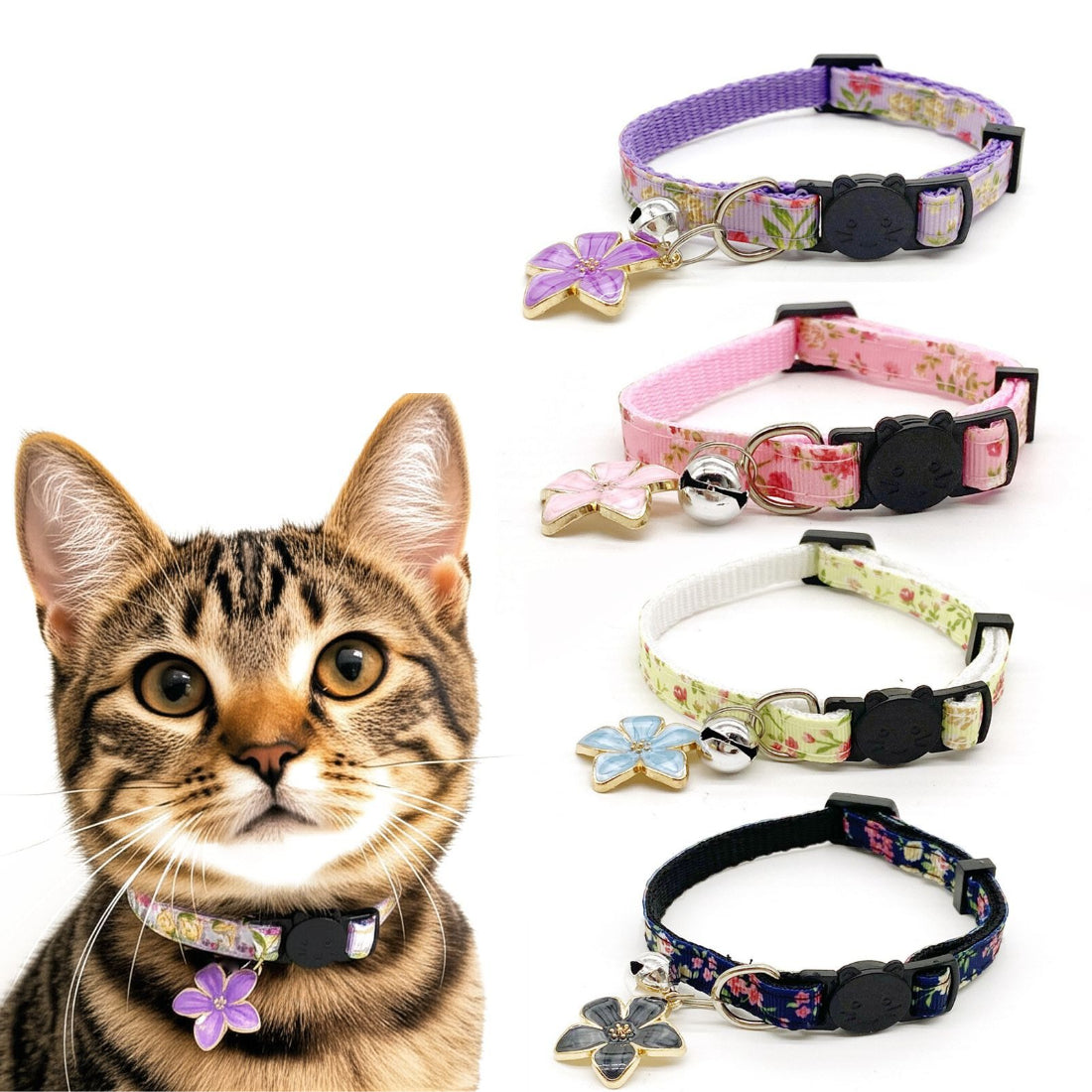 Close-up of Mokka floral bell charm cat collar with pink and green flower pattern