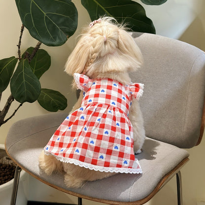 Ozzie - Heart Plaid Ruffle Sleeve Pet Dress