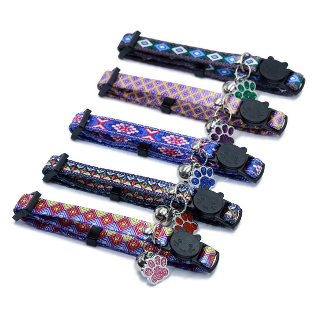 Side view of Mokka Boho Pattern cat collar highlighting adjustable strap