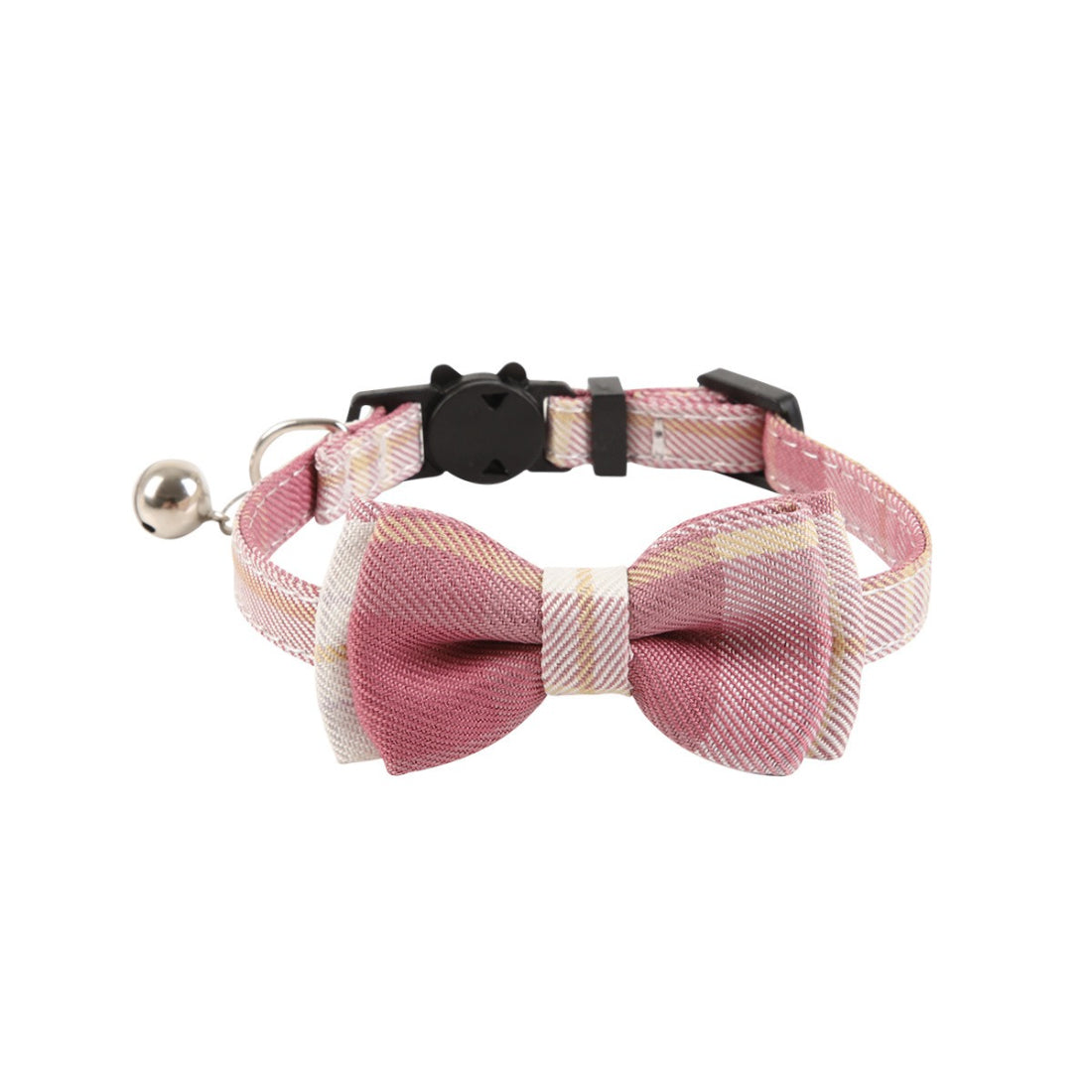 Mokka plaid bow cat collar with bell laid flat highlighting bow and bell attachment
