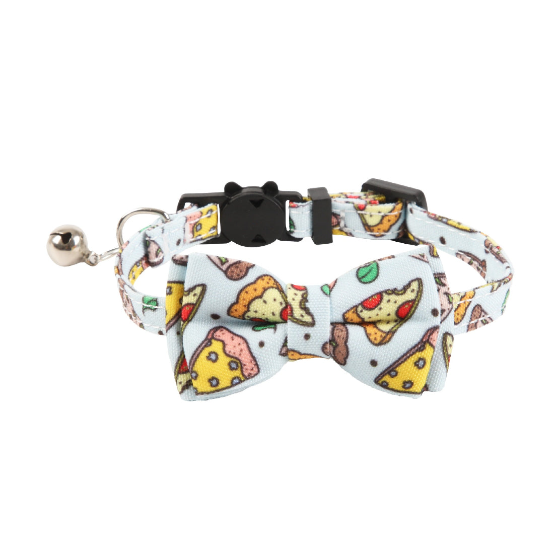 Mokka cat collar with food print and bell displayed on a wooden surface