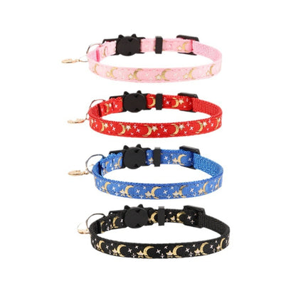 Mokka cat collar with moon and star print and small bell on a white background