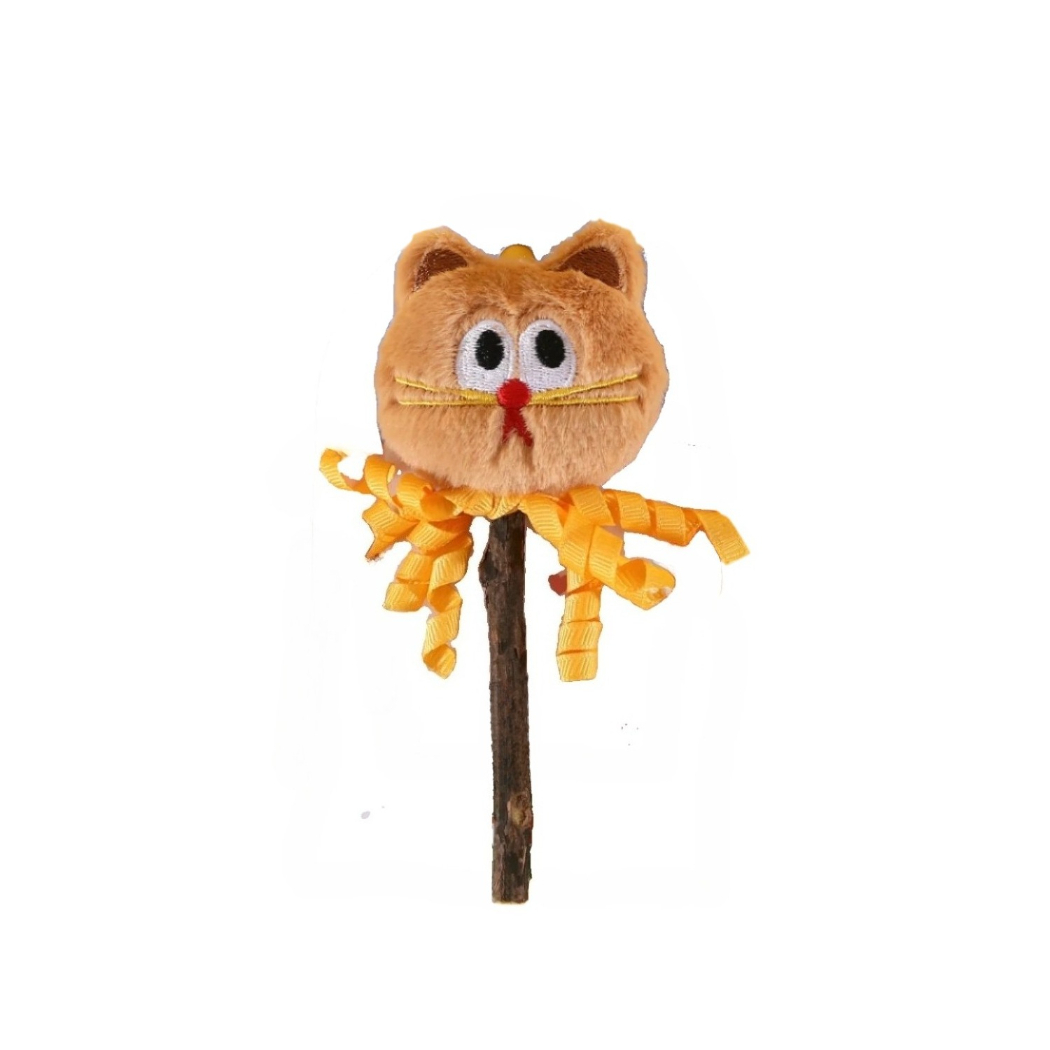 Moo - Curled-Ribbon Bell Cat-Face Stick Toy