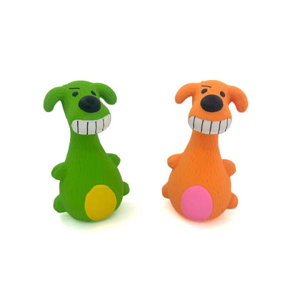 Petkin Grinning Dog rubber toy in bright colors on white background