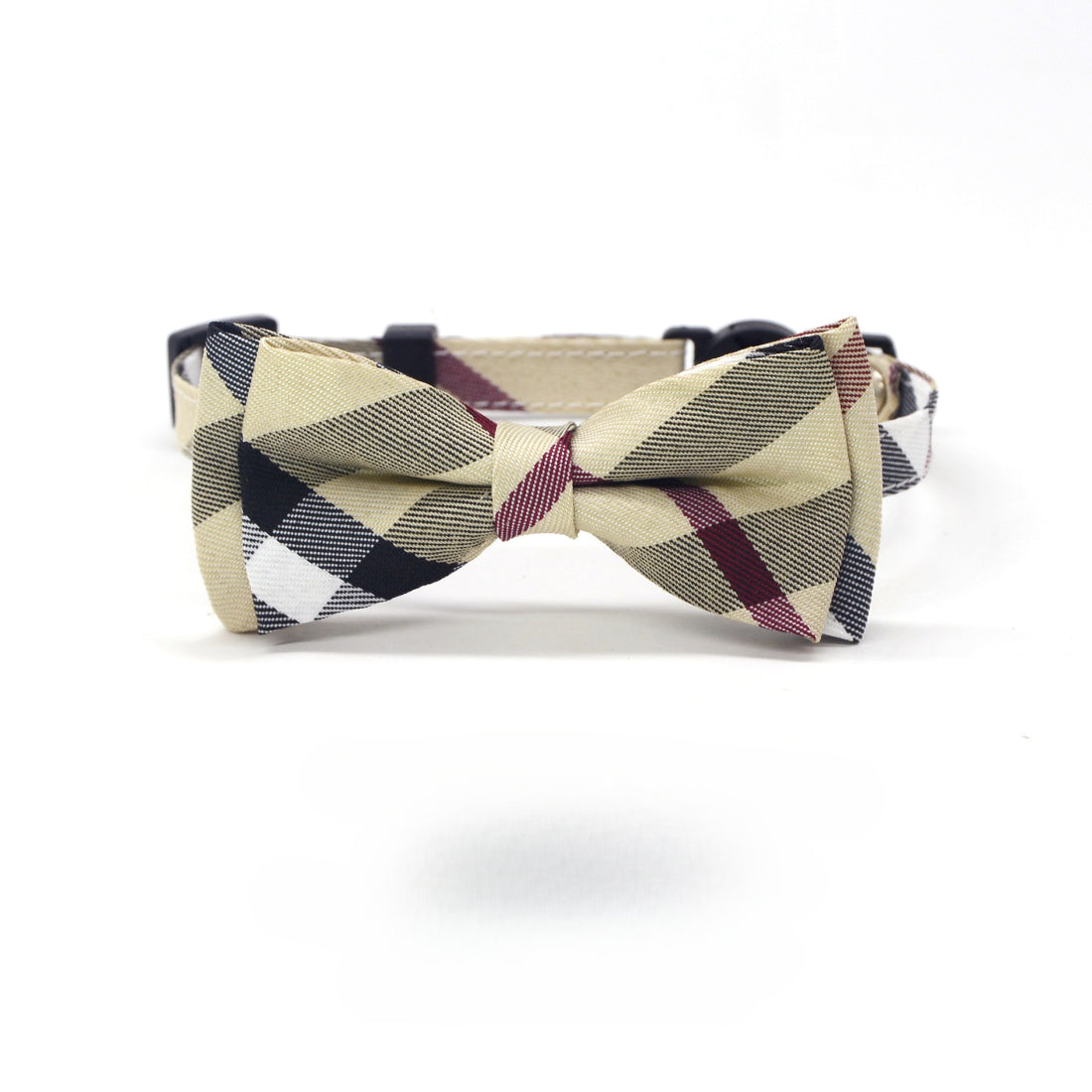 Mokka classic plaid bow cat collar in brown and beige tones displayed on a white background