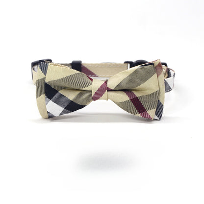 Mokka classic plaid bow cat collar in brown and beige tones displayed on a white background