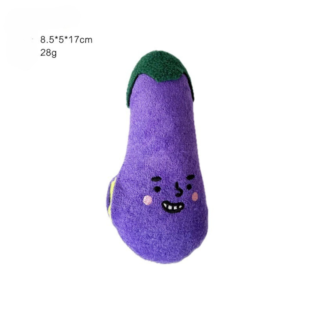 Petkin plush dog toy shaped like a purple eggplant with green stem