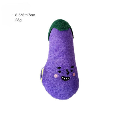 Petkin plush dog toy shaped like a purple eggplant with green stem
