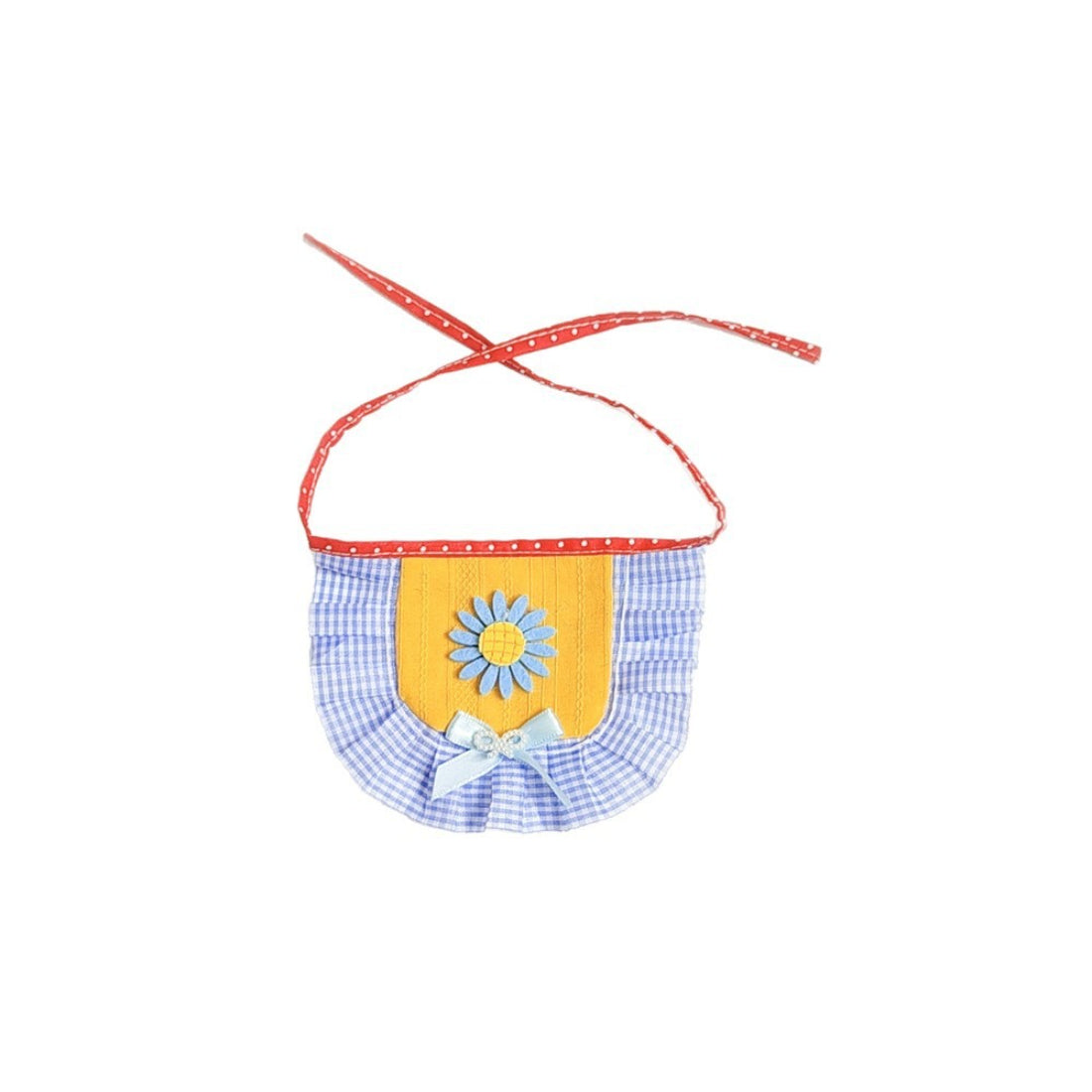 Flat lay of Mokka sunflower ruffle cat bib with vibrant yellow petals