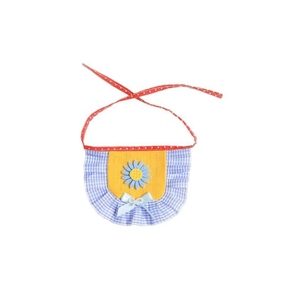 Flat lay of Mokka sunflower ruffle cat bib with vibrant yellow petals
