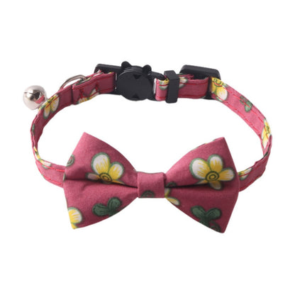 Mokka cat collar with floral bow tie displayed flat showing full length and pattern