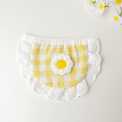 Side view of Mokka gingham daisy cat bib with adjustable strap