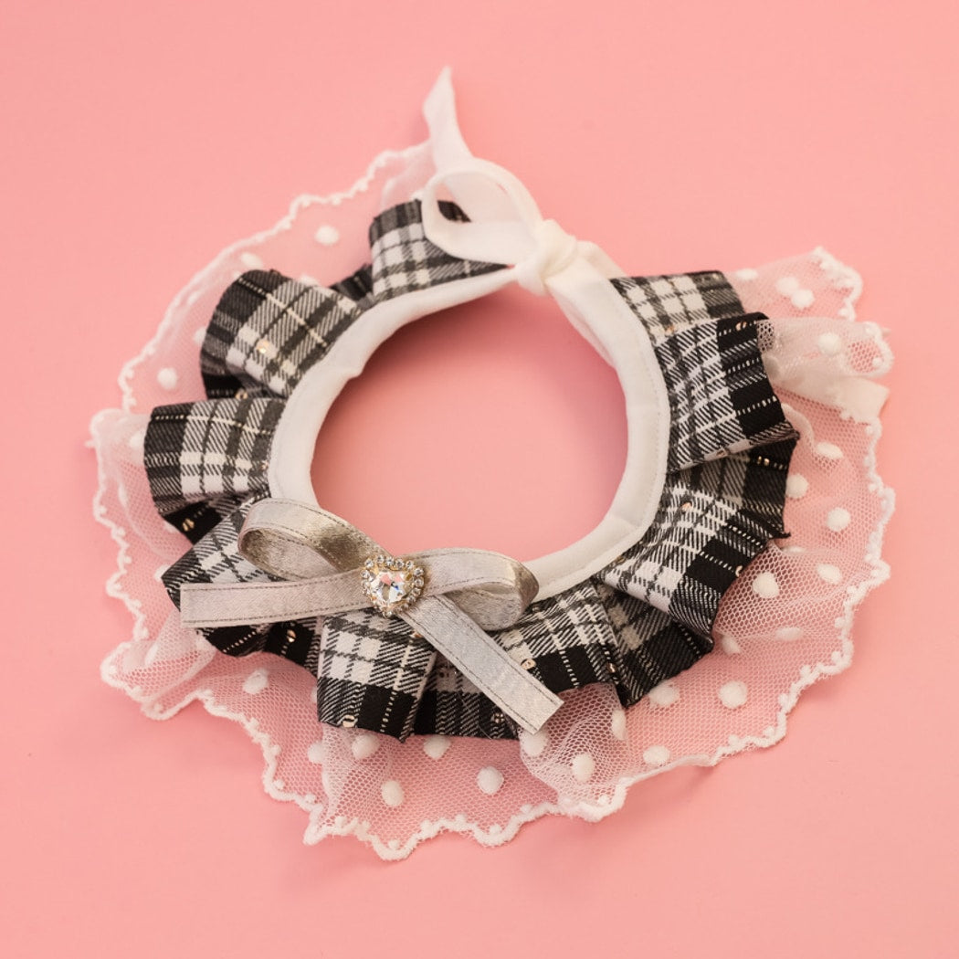 Mokka - Plaid Lace Ruffle Heart Accent Cat Collar