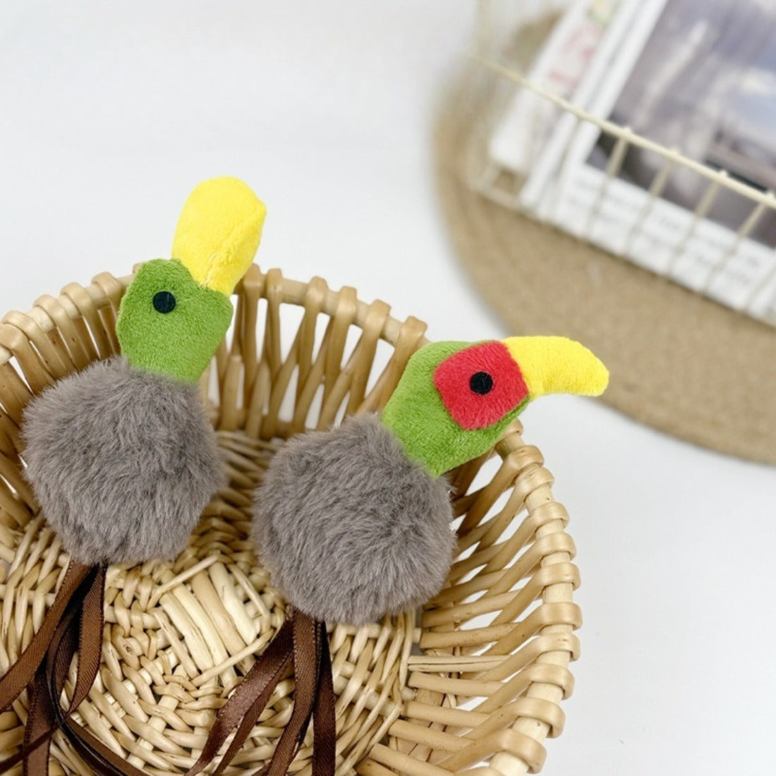 Moo fluffy bird cat stick toy with colorful feathers and soft body