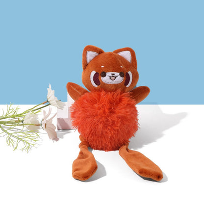 Close-up of Petkin plush dog toy's face with stitched eyes and nose in bright colors