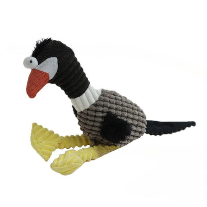 Petkin duck plush dog toy with long legs shown from front on white background