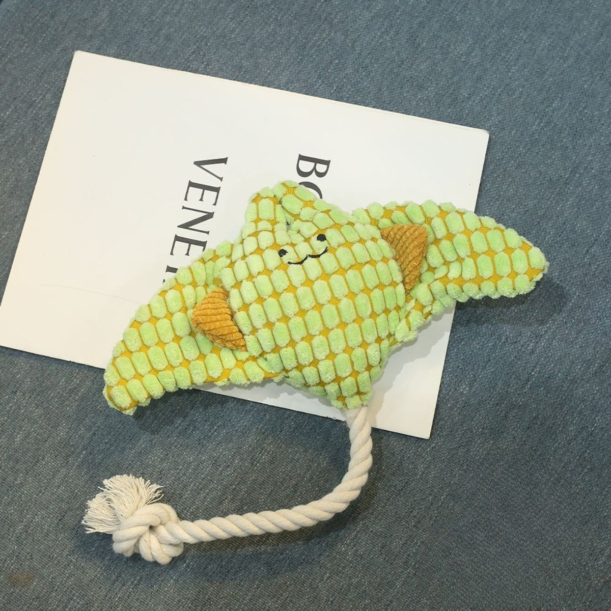 Side view of the Petkin Rope Tug Stingray dog toy highlighting the durable braided rope handle