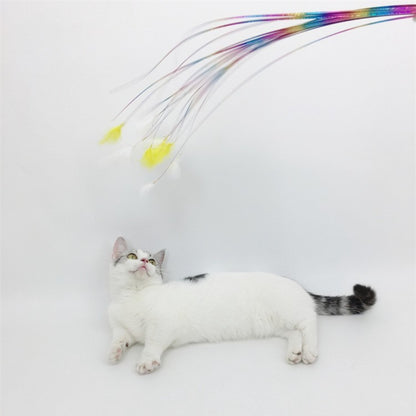 Moo Ribbon Feather Cat Teaser Wand with bright feathers and ribbons on a wooden stick