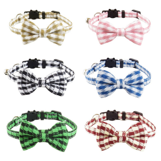 Mokka houndstooth bow tie cat collar displayed on white background